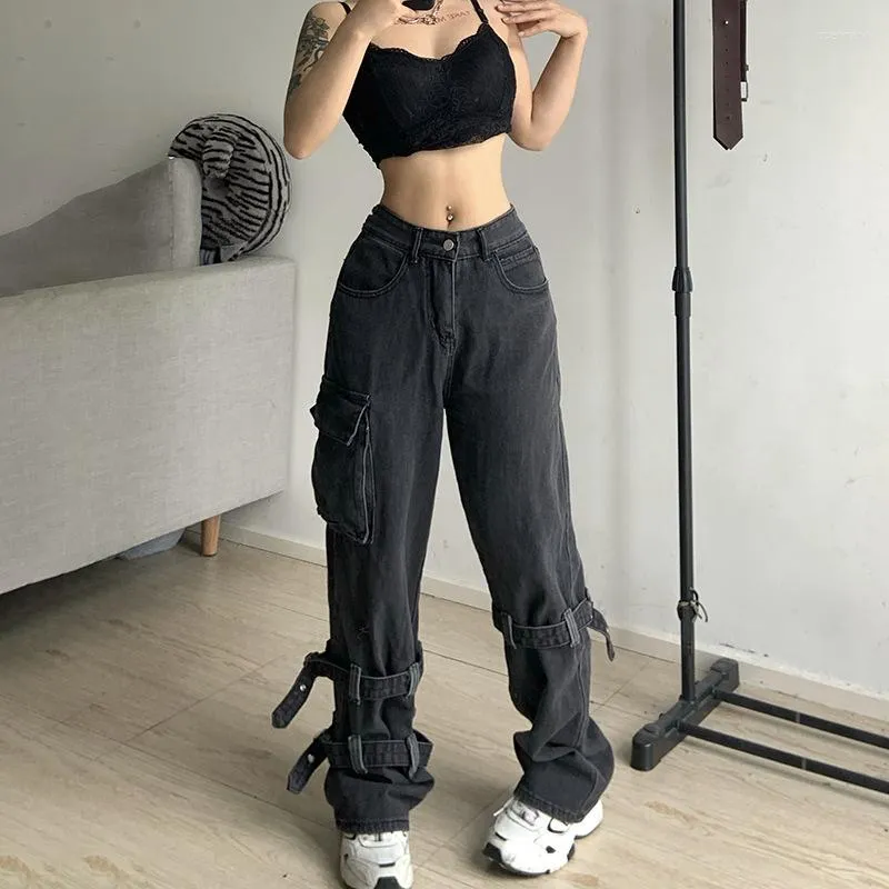 Women's Jeans Goth Chic Low Waist Jean Retro Grunge Oversized Women's Fashion Streetwear Harajuku Strap Pocket Skinny Denim Joggers