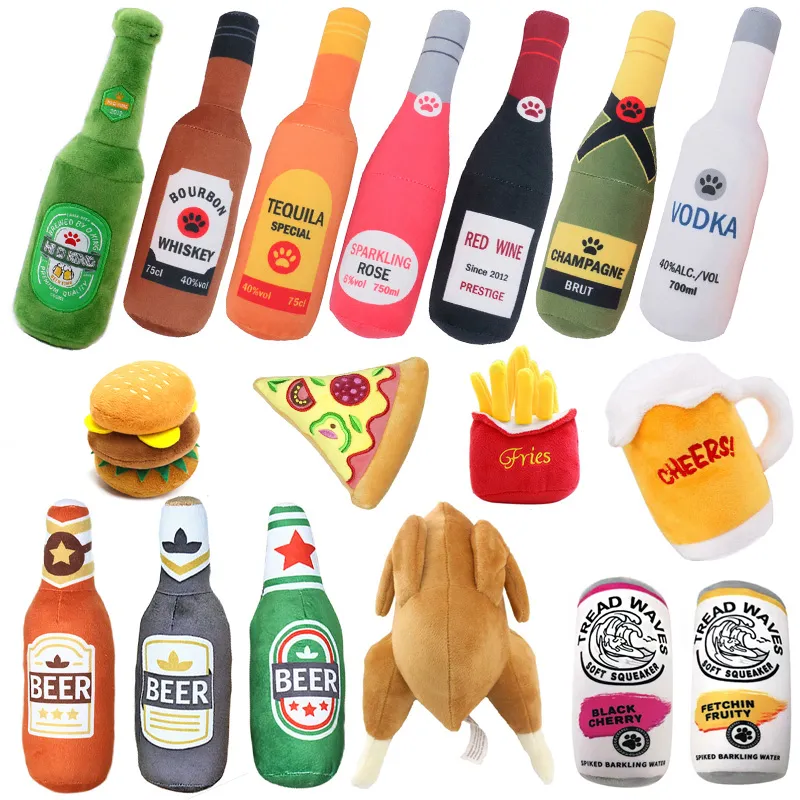 Jouets en peluche drôles pour chien bouteille de bière grinçante forme de nourriture chien jouet résistant aux morsures bouteille de vin jouet à mâcher fournitures pour animaux de compagnie jouets interactifs