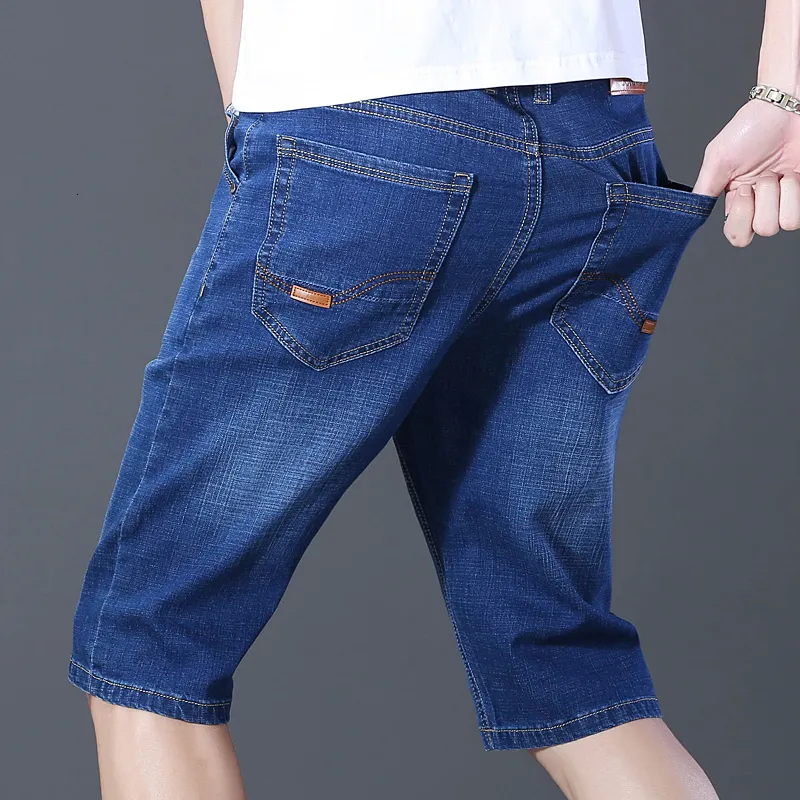 Mens 바지 여름 브랜드 Fit Straight Denim Shorts Classic Casual Clothing Lightweight Cotton Stretch Thin Slim 230606