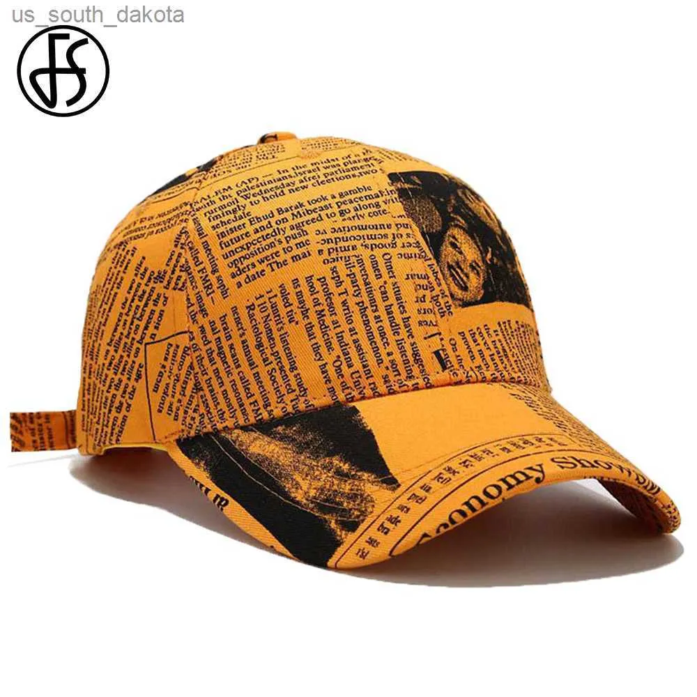 FS Blanco Amarillo Patrón de periódico Gorras de béisbol para hombre Marca Mujer Diseñador Cap Snapback Hip Hop Trucker Hat Casquette Femme L230523