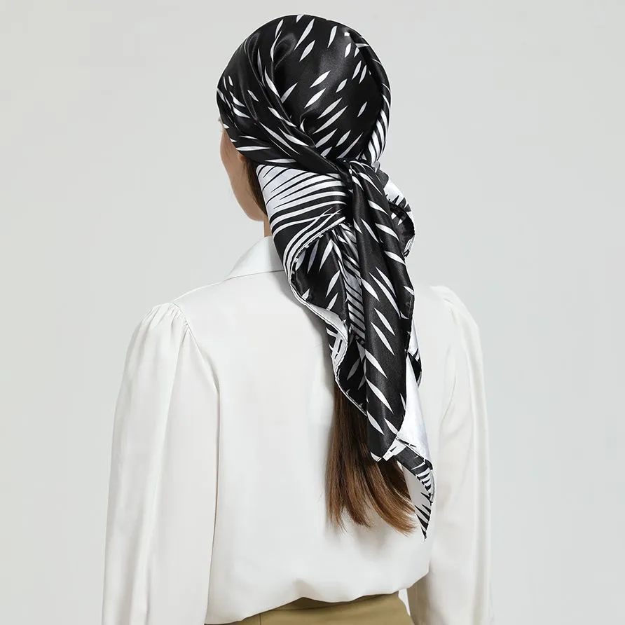Sarongs 9090 cm fyrkantig svart vit sidenhuvud halsduk kvinnor springummer halsdukar mode tryck hårband slipsar hand kerchief bandana 230605