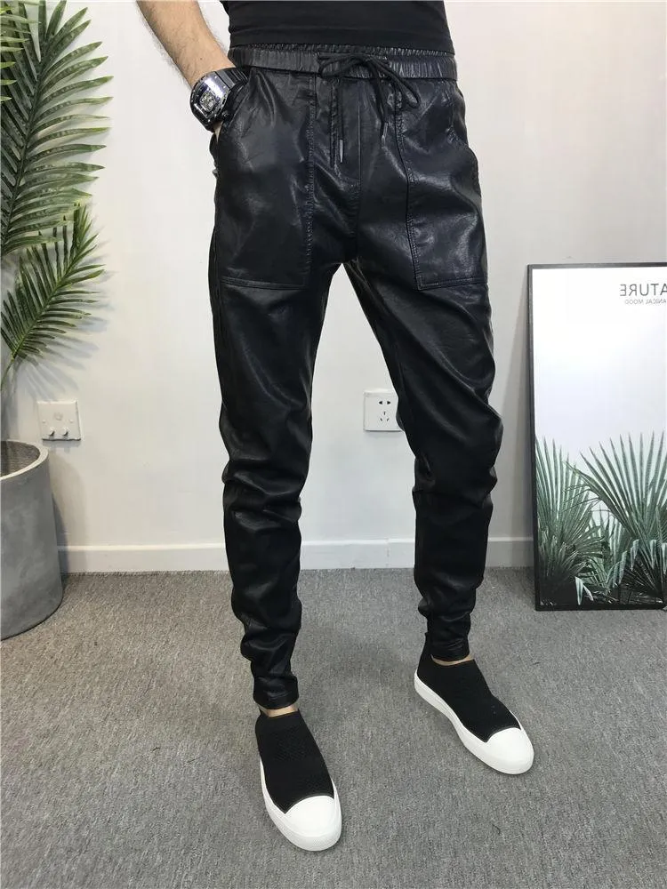 Spodnie streetwear Hip Hop Pants Mężczyźni chude sztuczne skórzane spodnie Plus Size Biker Harem Spodery Joggers Black