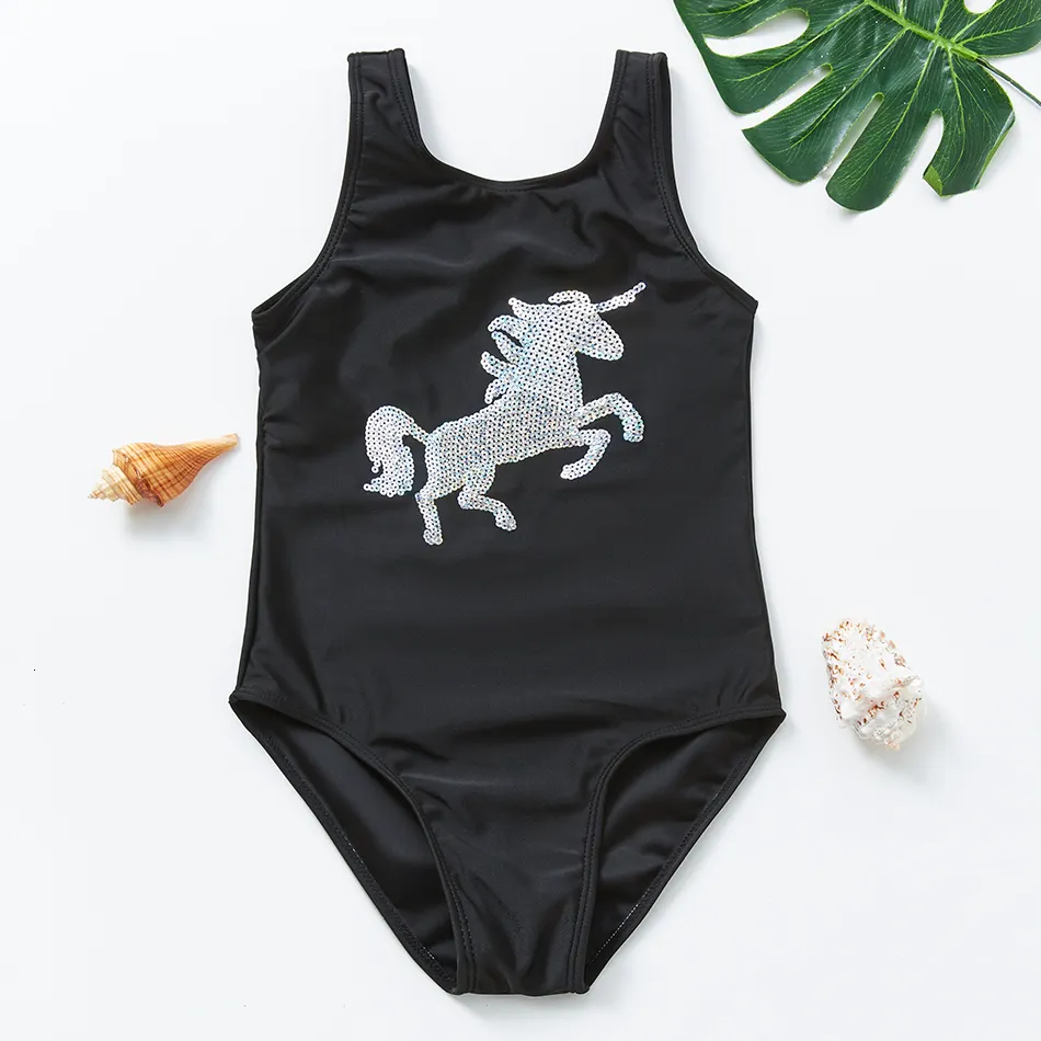 2021 Girls Swimsuit Black Unicorn Sequined Bathing Suit 2-9years Black Unicorn One Piece Swimsuit Children Summer Swimwear