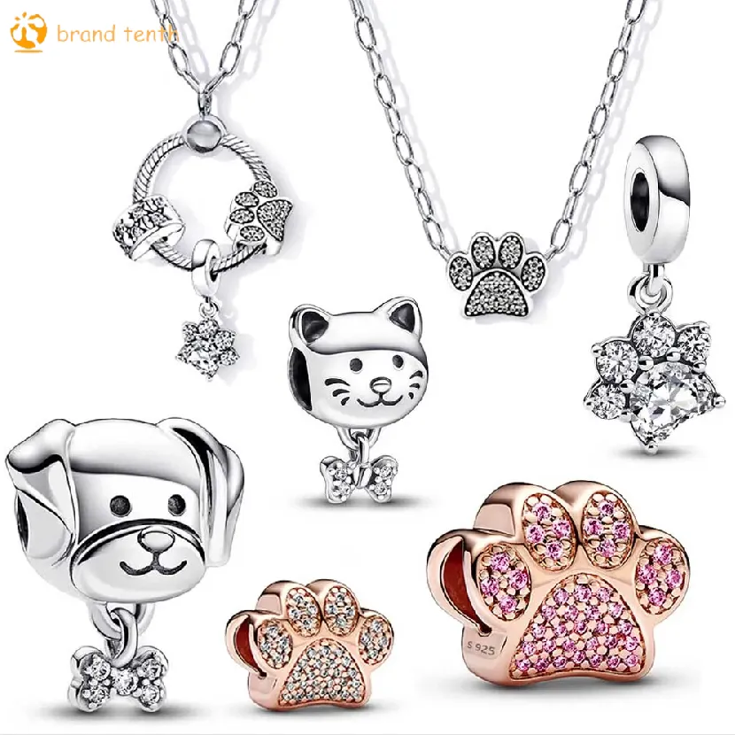 Plata de ley 925 para abalorios pandora, colgante de cuentas auténticas, pulseras para mujeres, cuentas para perros y cuentas de hueso