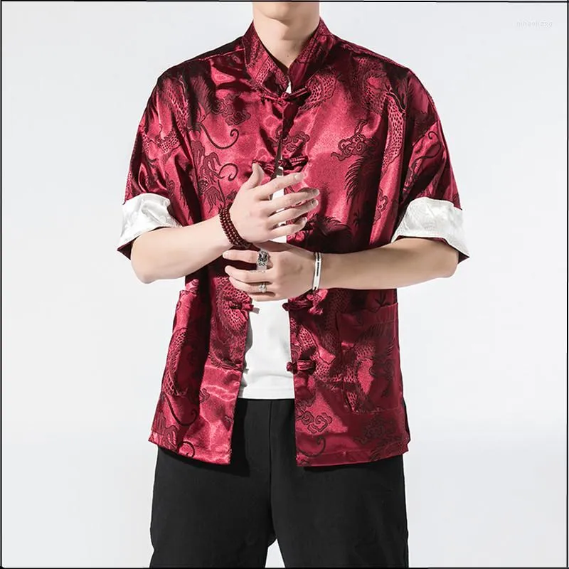 Men's Casual Shirts Chinese Satin Silk Vintage Coat Hanfu Blouse Traditional Clothing For Men Top Tang Collar Year Clothes