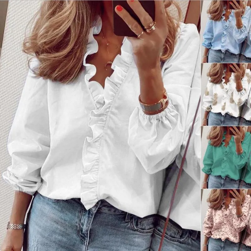 Dames Blouses Blouse Dames Lange Mouwen Ruffle Shirt Mouw Blusa Mujer Casual Jas Blusas Elegantes De 2023 5XL Blouse#