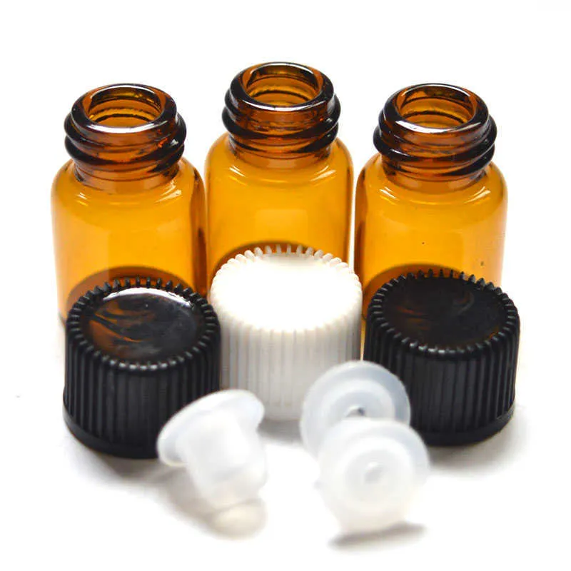 10pcs 2ml Mini Amber Cam Şişe Delikli Redüktör ve Kapak Küçük Uçucu Yağ Şarkıları Gaas