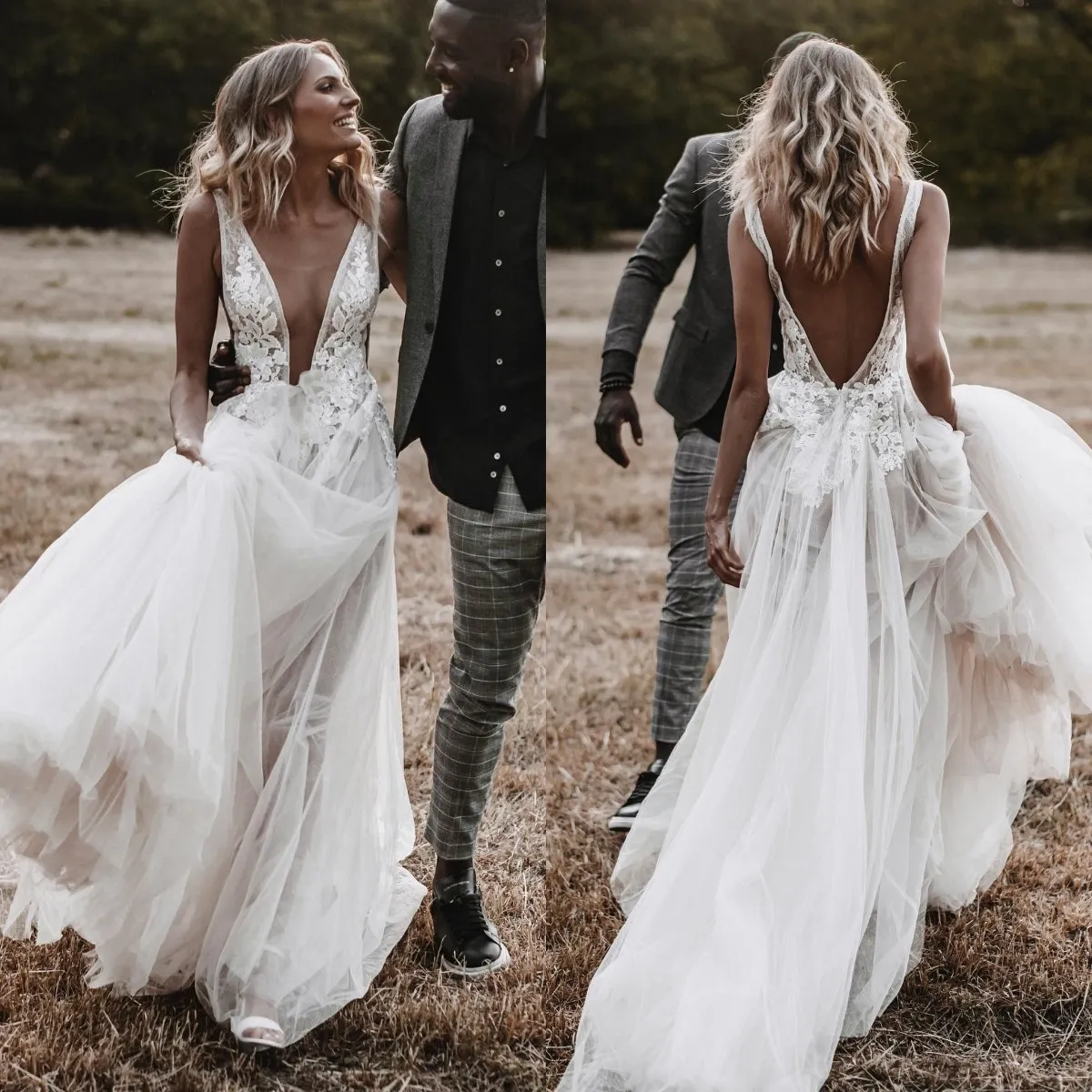 Boho A line Wedding Dresses Plunging V Neck Lace Appliques Backless Tulle designer biohemia wedding bridal gowns