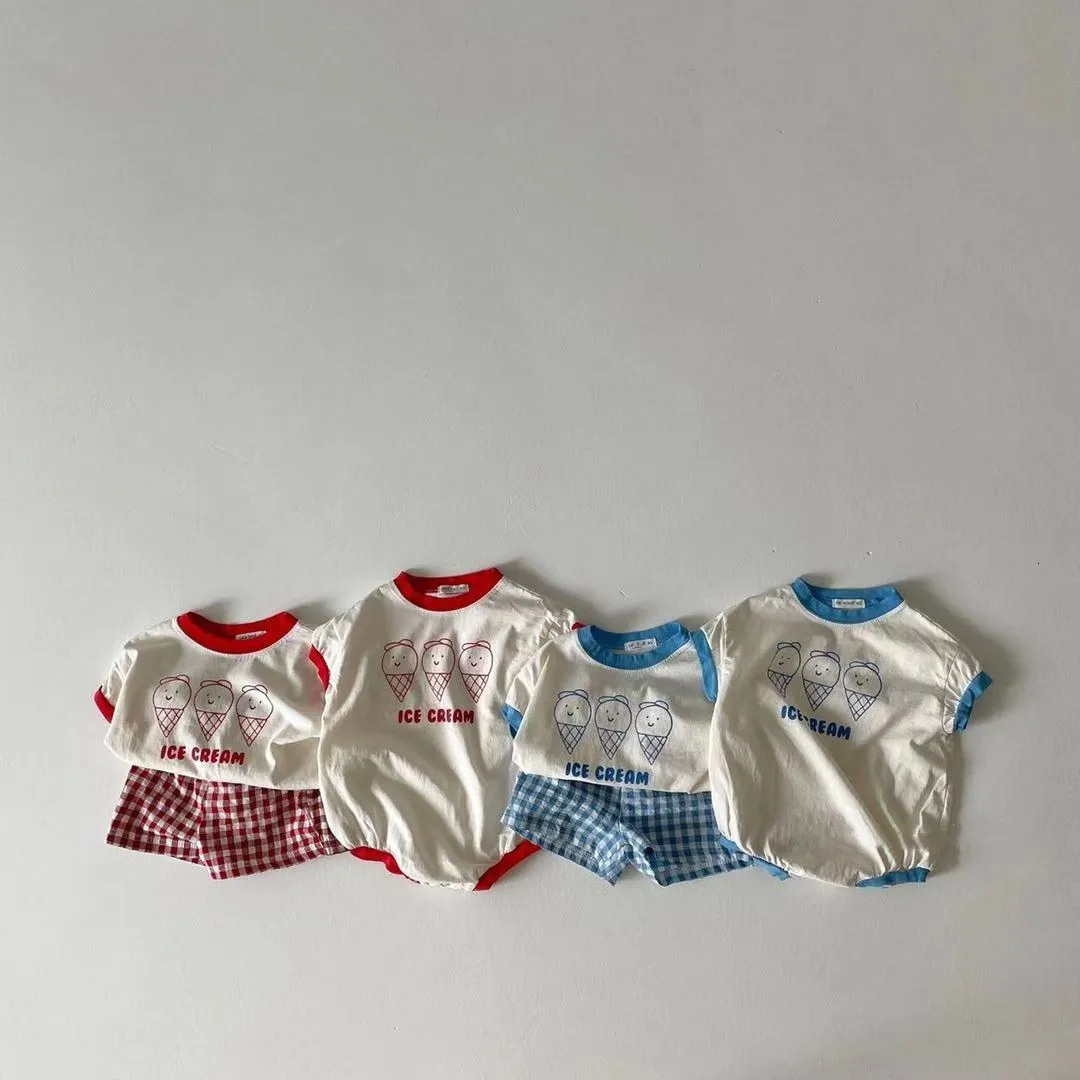 Giyim setleri yaz bebek sevimli dondurma baskı giysileri set bebek çocuk kısa kollu tişört 2pcs set pamuklu kız kız ekose şort seti 230606