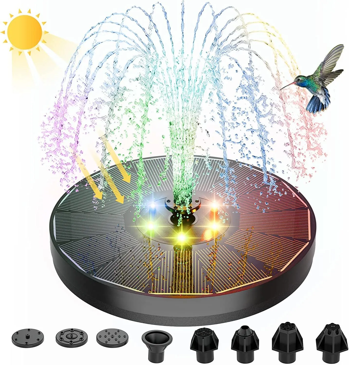 Decoraciones de jardín 1 opción Bomba de agua de fuente solar con luces LED de color para baño de pájaros 3W con 7 boquillas 4 fijadores Tanque de estanque de jardín flotante 230606