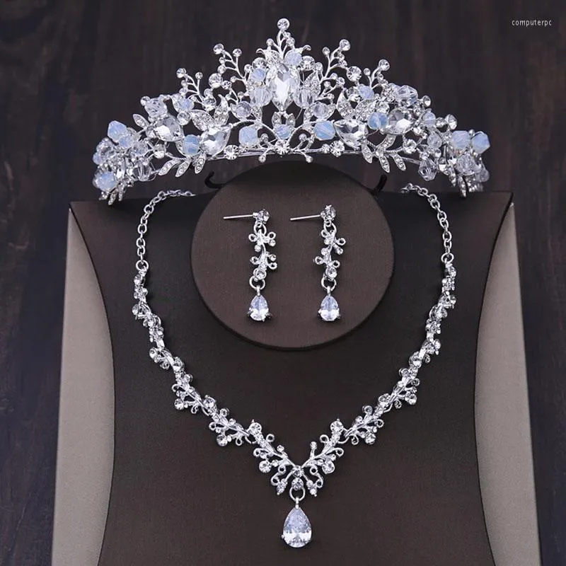 Ketting Oorbellen Set Luxe Kristal Hart Bruiloft Strass Kroon Tiara Choker Bridal Dubai Afrikaanse Kralen Sieraden