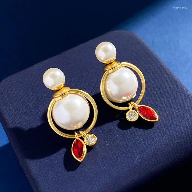 Stud Oorbellen Top Kwaliteit Double Side Pearl Charm Rood Wit Kristallen Hanger Grote Kleine Kralen Oorbel Studs Voor Vrouwen Mode-sieraden