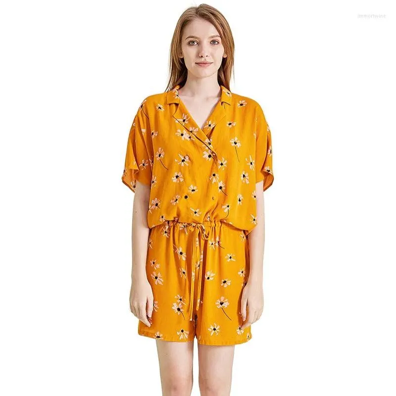 Women's Sleepwear Printing Yellow Women's Piece Pajamas Polyester Casual Sexy Notched Pyjamas Suit Loose Nightwear M-L Home Clothing