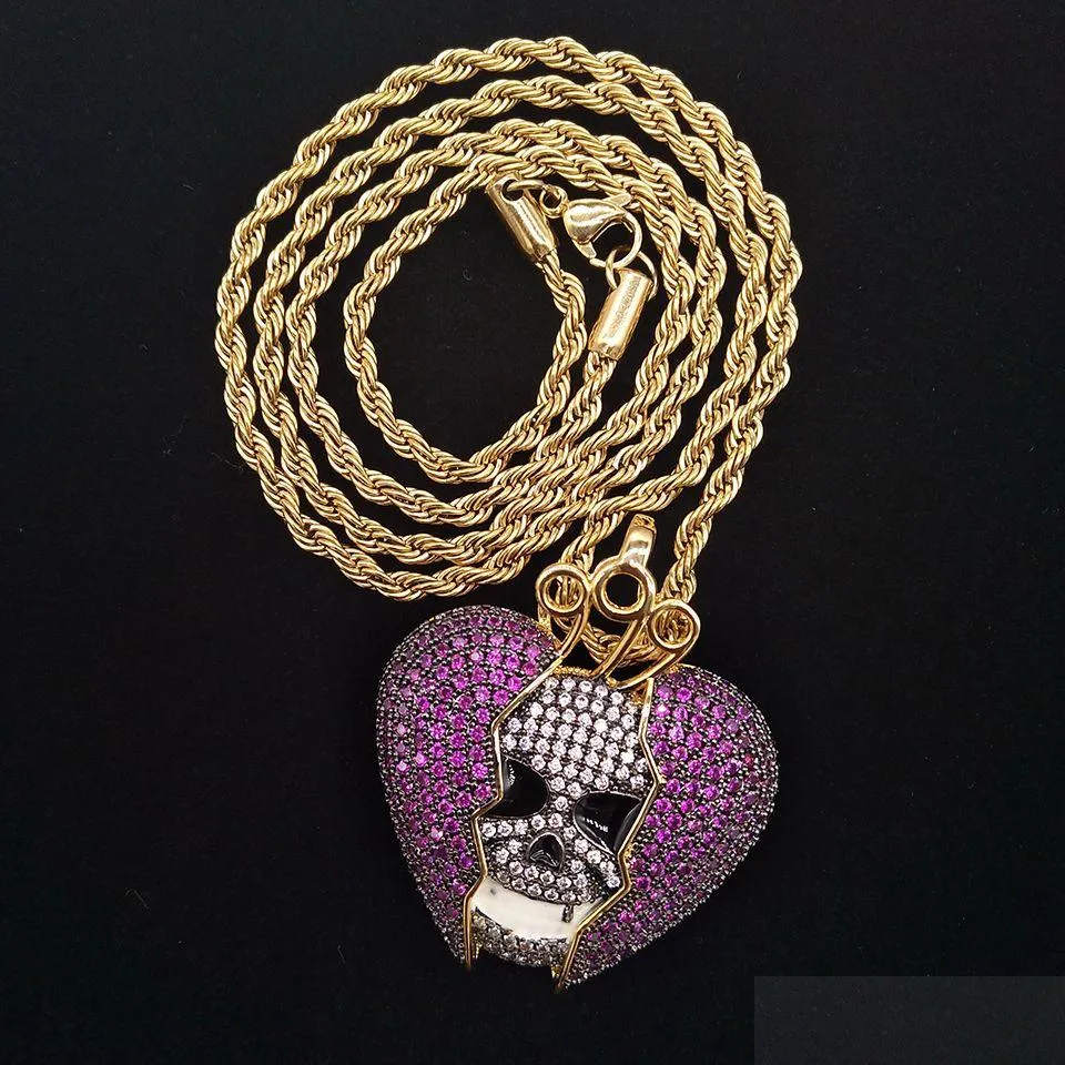 Pendentif Colliers Nouvelle Mode 18K Or Hip Hop Personnalisé Squelette Coeur Brisé Chaîne Collier Colorf Glacé Violet Cz Cubic Zir Dh1Sw