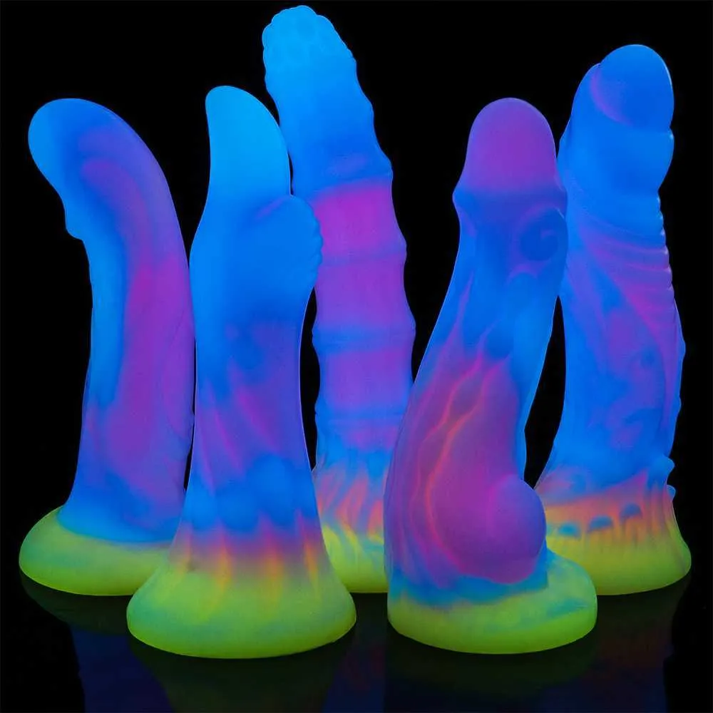 Симпатичные новые светящиеся фаллоимитаторы анальные секс -игрушки для женщин Мужчины красочные светящиеся фаллоимитаторы Огромный дракон -монстр дилдо для взрослых игрушек L230518