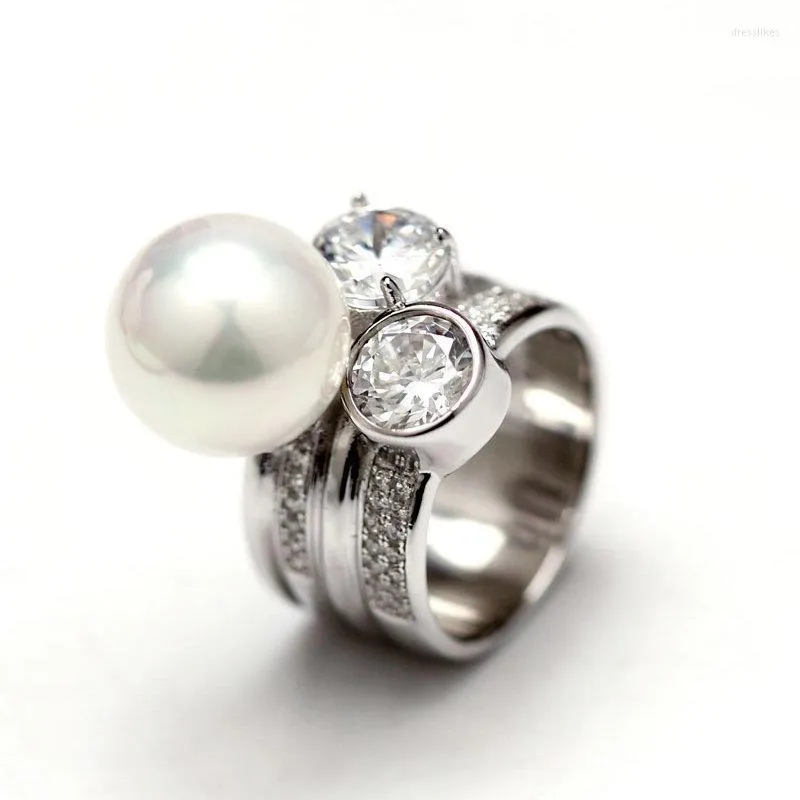 Cluster Rings ASHIQI Real Big 10-11mm Perfectly Round Freshwater Pearl For Women 925 Sterling Silver Jewelry With Crystal Wedding