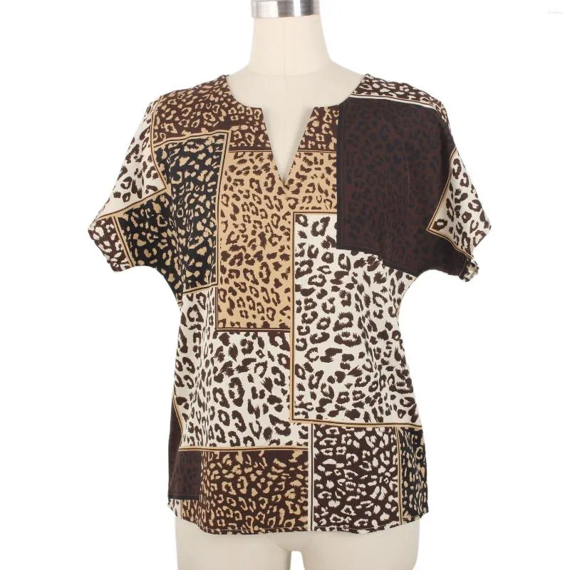 Blusas femininas de alta qualidade personalizadas patchwork leopardo morcego manga curta decote entalhado casual senhoras tops camisas blusa para mulheres mãe