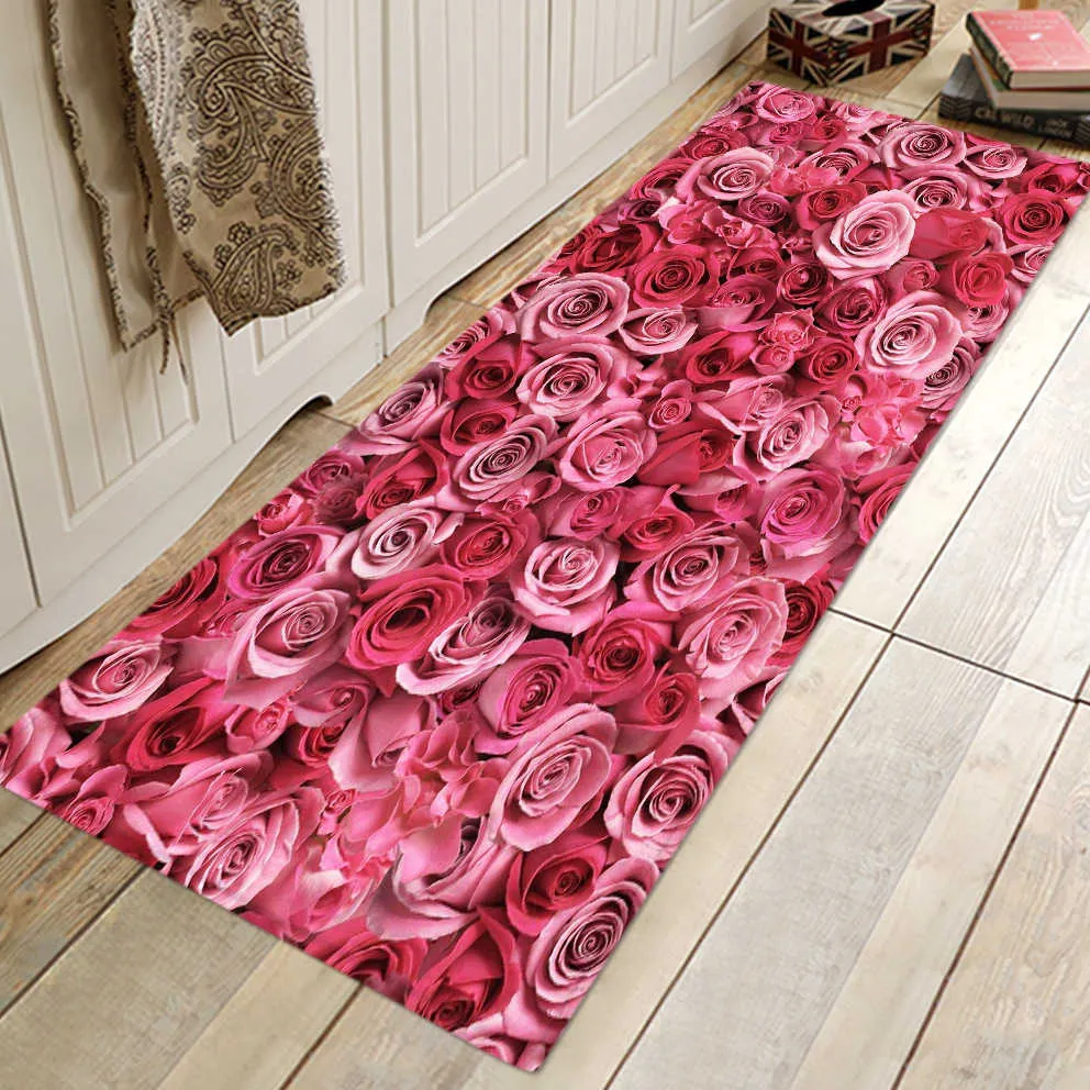 Mattor 3D Rose Flower Petals Tryckt kök Mat Modernt sovrum vardagsrum Hallväg Matt mjuk lång remsa mattan hem dekoration r230607
