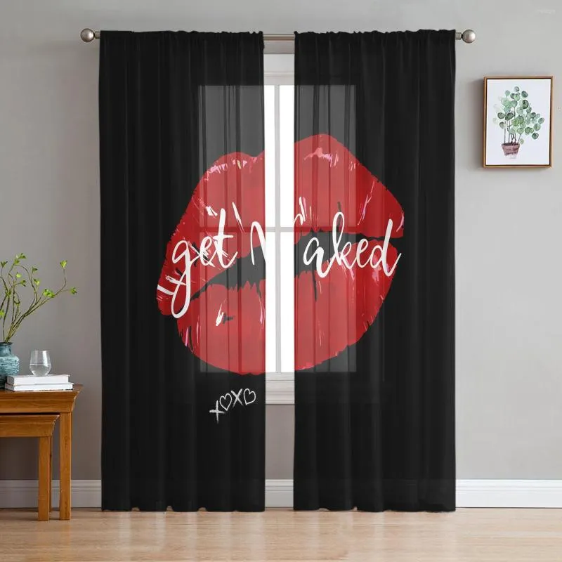 Cortina labios rojos tul negro en cortinas transparentes para sala de estar dormitorio cocina ventana tratamiento persianas de gasa