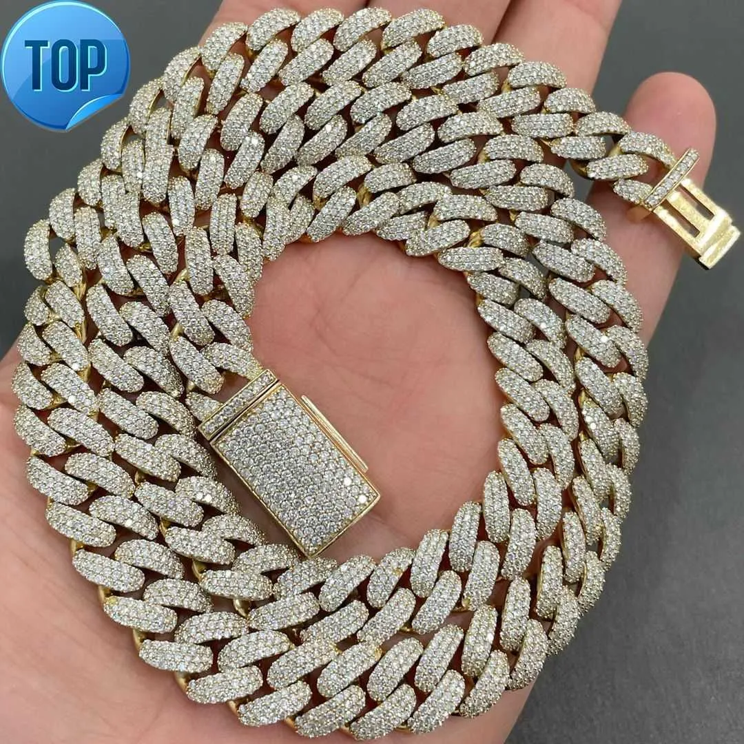 AAA GEMS 12 mm Moisanite Cuban Link Chain 18K Gold Over Silver Iced Out Chain 3 Rows Men Hip Hop Cuban Link Collier