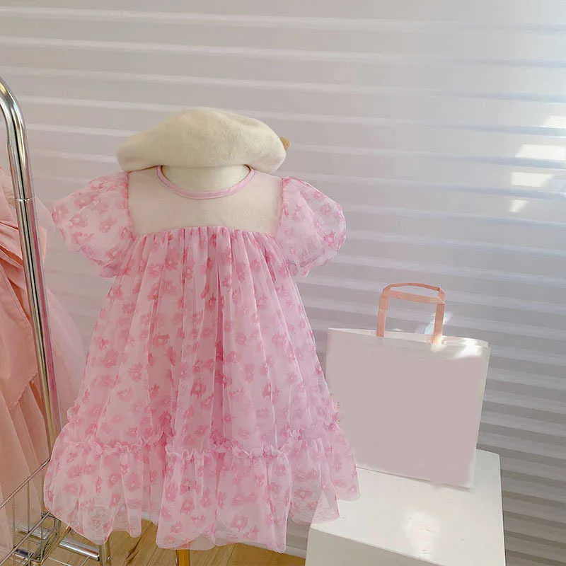 Robes de fille Filles Summer Mesh Robe Vêtements d'extérieur Vêtements pour enfants Vêtements pour enfants Vêtements pour enfants Robes florales Novel Pink Flower Princess