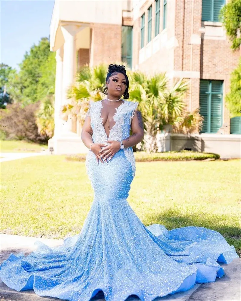 Sky Blue Sheer O-Neck Mermaid sparkly Mermaid prom dress with Appliques and Sequins for Black Girls' Birthday Party and Evening Events Sky Blue Sheer O-Neck Mermaid sparkly Mermaid prom dress with Appliques and Sequins for Black Girls' Birthday Party and Evening Events