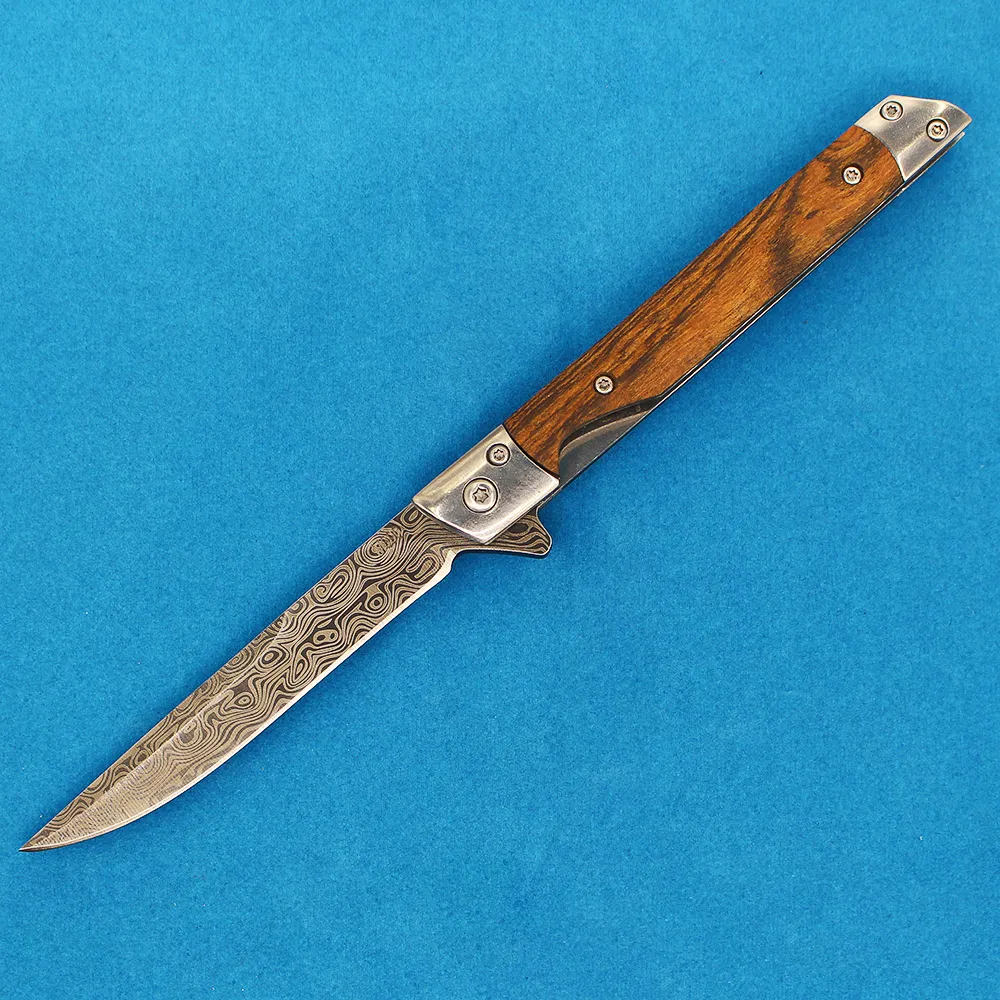 Hochwertiges A2367 Flipper-Klappmesser mit 3Cr13Mov-Lasermuster, Drop-Point-Klinge, Holz-/Stahlblechgriff, Kugellager, schnell zu öffnendes EDC-Taschenmesser mit Lederscheide