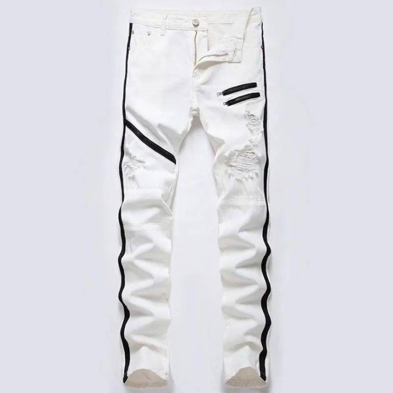 High Street Mens Straight Hole Ripped 2022 Jeans Distressed Denim Pants Men Hip Hop Zipper Designer White Red Cotton Jeans