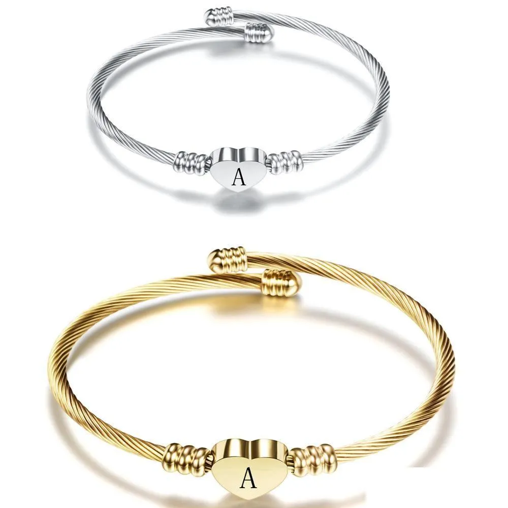 Bangle New Designer Titanium ze stali nierdzewnej AZ Początkowy literę serce Women Open Mankiet Bransoletka Sier Gold Biżuter