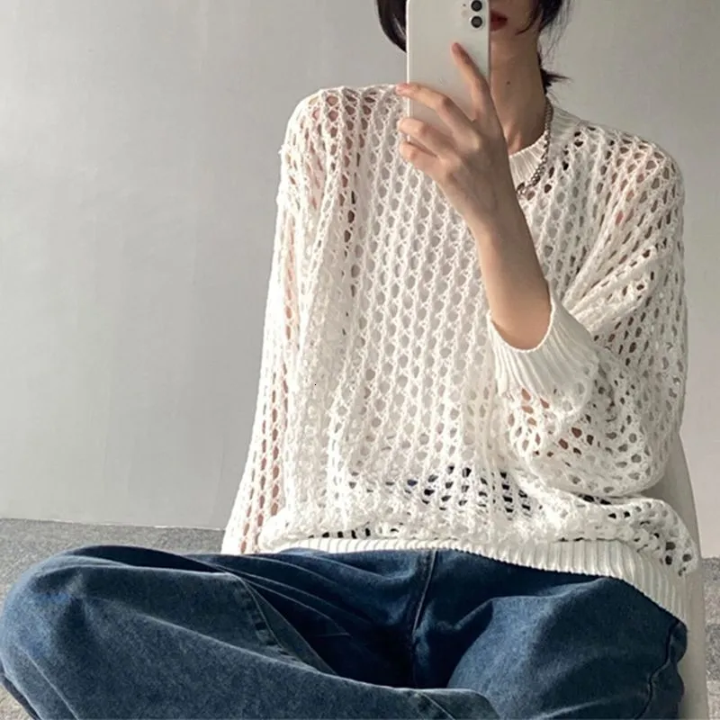 Pull Femme Printemps American Vintage Evider Tricote Oversize O Cou Pulls Pull Femme Mode Sueter Solide Mi Longueur Femmes 230606 Du 12 75 DHgate