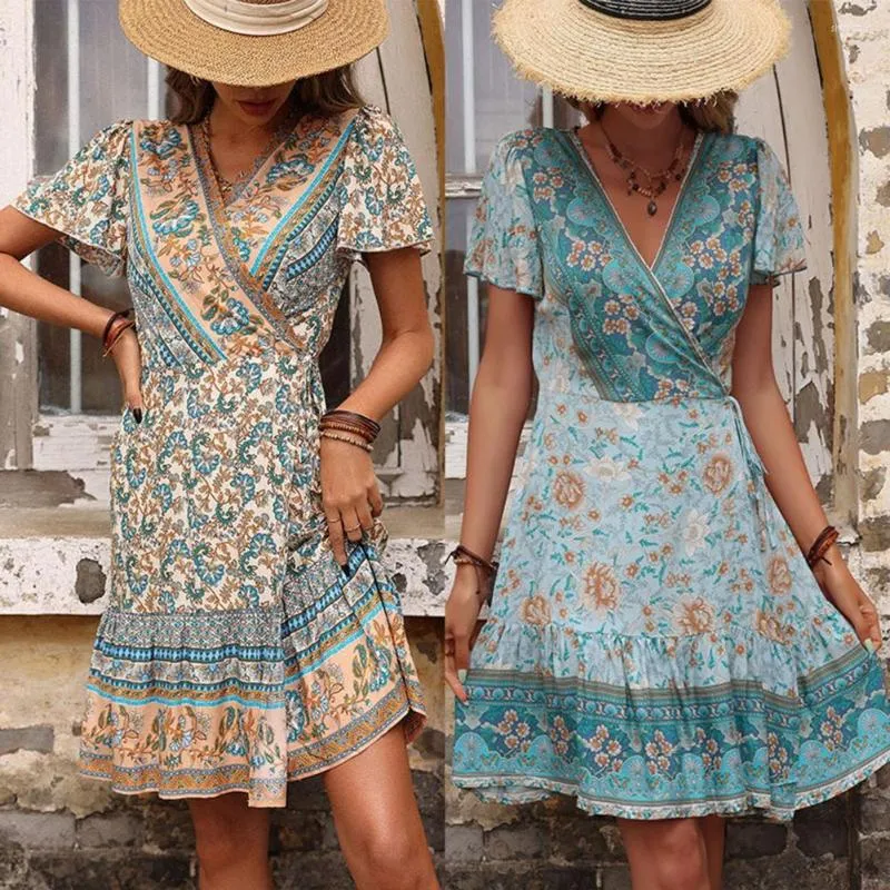 Casual Dresses Ladies Dress V-neck Bohemian Style Petal Sleeve Breathable Elegant Daily Wear Soft Vintage Print Mini Beachwear Befree Frocks