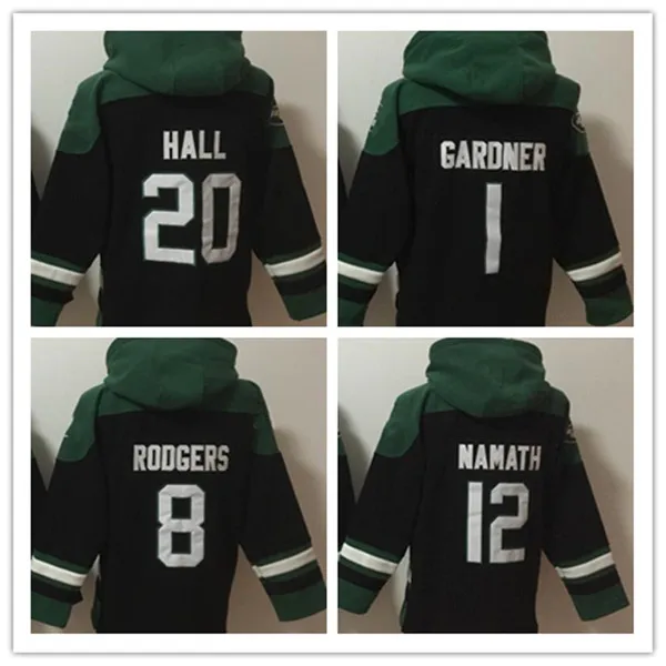 Drużyna piłka nożna pullover z kapturem Rodgers 8 Gardner 1 Hall 20 Namath 12 Wilson 17 Fan fanów Bluzy Rozmiar S-xxxl zielony kolor