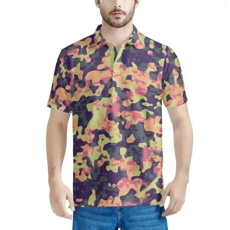 Polo Masculino Camuflado Padrão Masculino Slim Fit Camisa Polo Masculina Marca Manga Curta Verão Multicolor Escolhas Múltiplas Festa na Praia