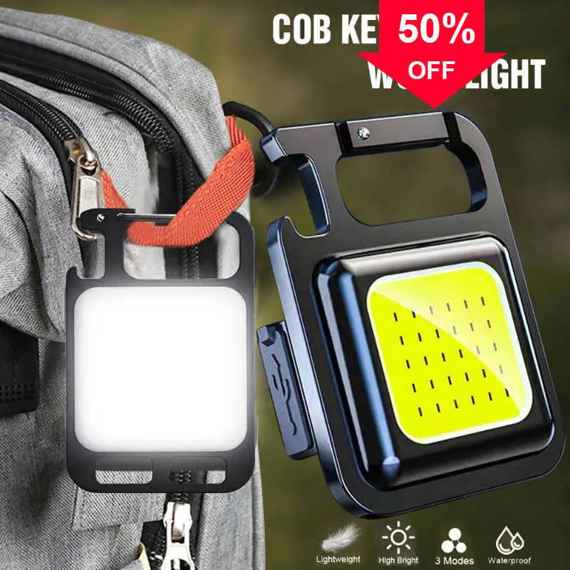 Voiture Mini COB LED porte-clés lumière lampe de poche magnétique Portable lampe USB Rechargeable extérieur travail Camping lanterne