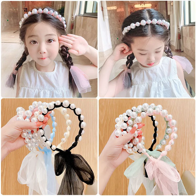 Hair Accessories Children Pearl Streamer Headbands Princess Solid Organza Braided Bowknot Hairbands for Baby Girls Hair Hoops Hair Accessories 230606