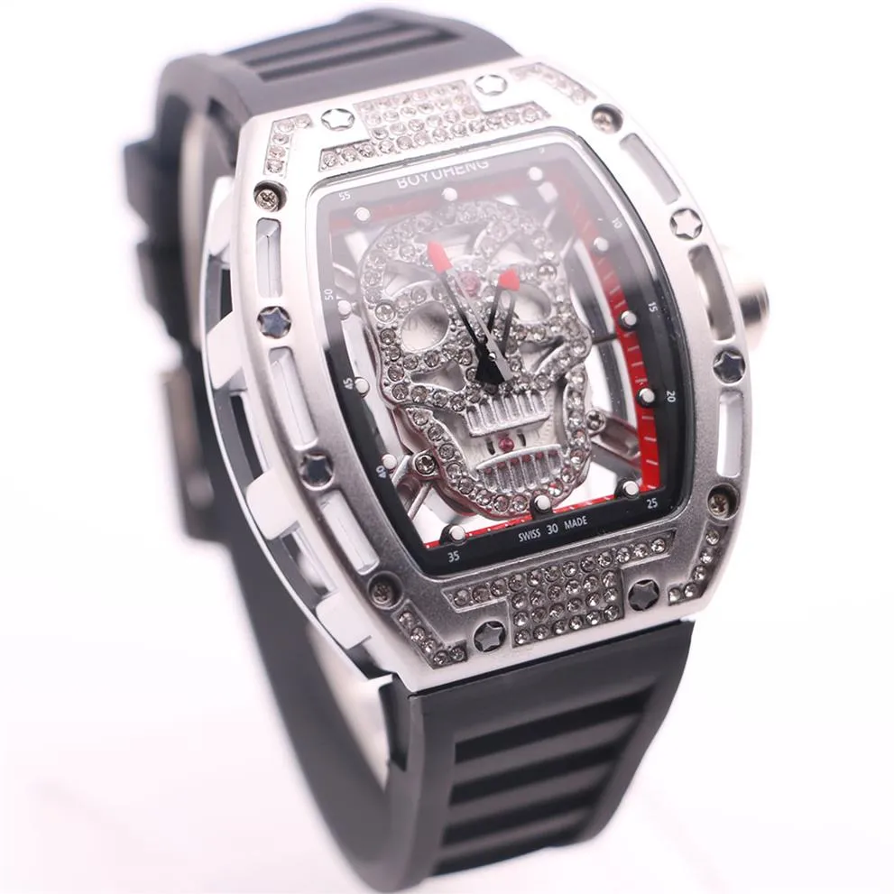 Stile speciale BOYUHENG Quartz Baterry 43MM Diamond Hollow Skull Skeleton Dial Orologi da uomo Movimento trasparente Tonneau Hardlex Wr291u