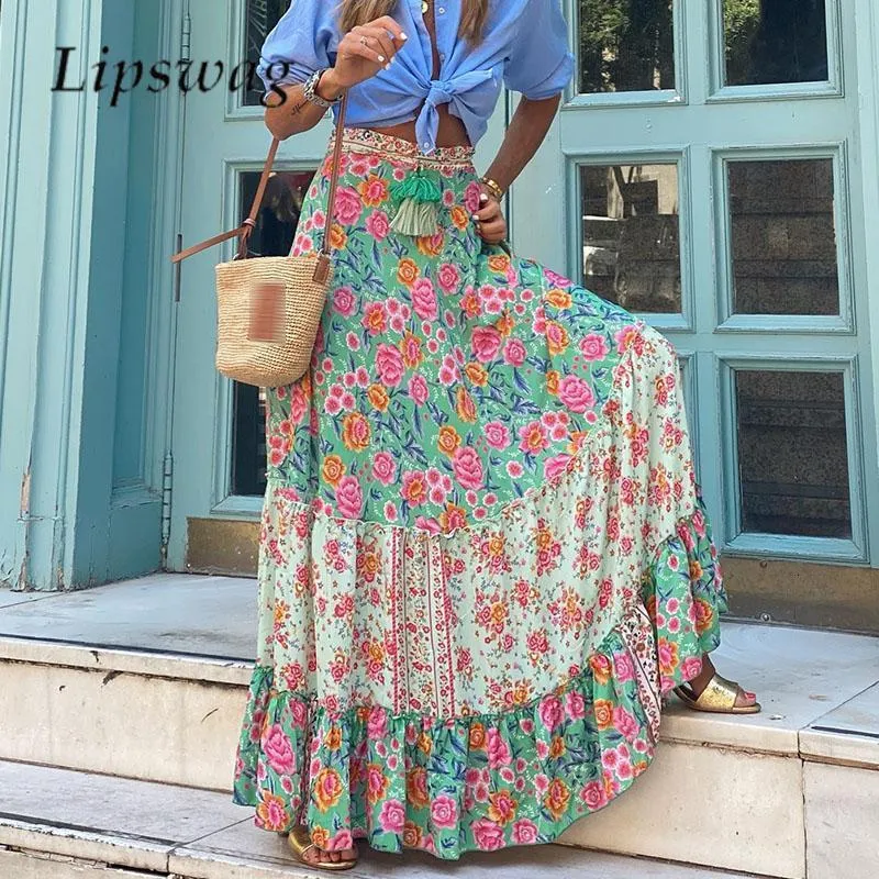 Skirts Boho Vintage Print Long Skirt Summer Casual Arts Style Loose Aline Elastic High Waist Holiday Beach Female XL 230607