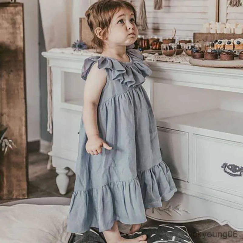 Girl's Dresses Girl Doll Collar Cotton and Linen Dress Solid Color Loose Port Pleated Children's WT84 R230607
