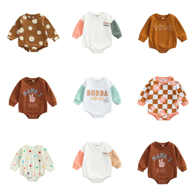 Rompers born Baby Boys Girls Crewneck Sweatshirts Romper Clothing Letter Floral Print Long Sleeve Patchwork Jumpsuits Autumn Clothes 230606