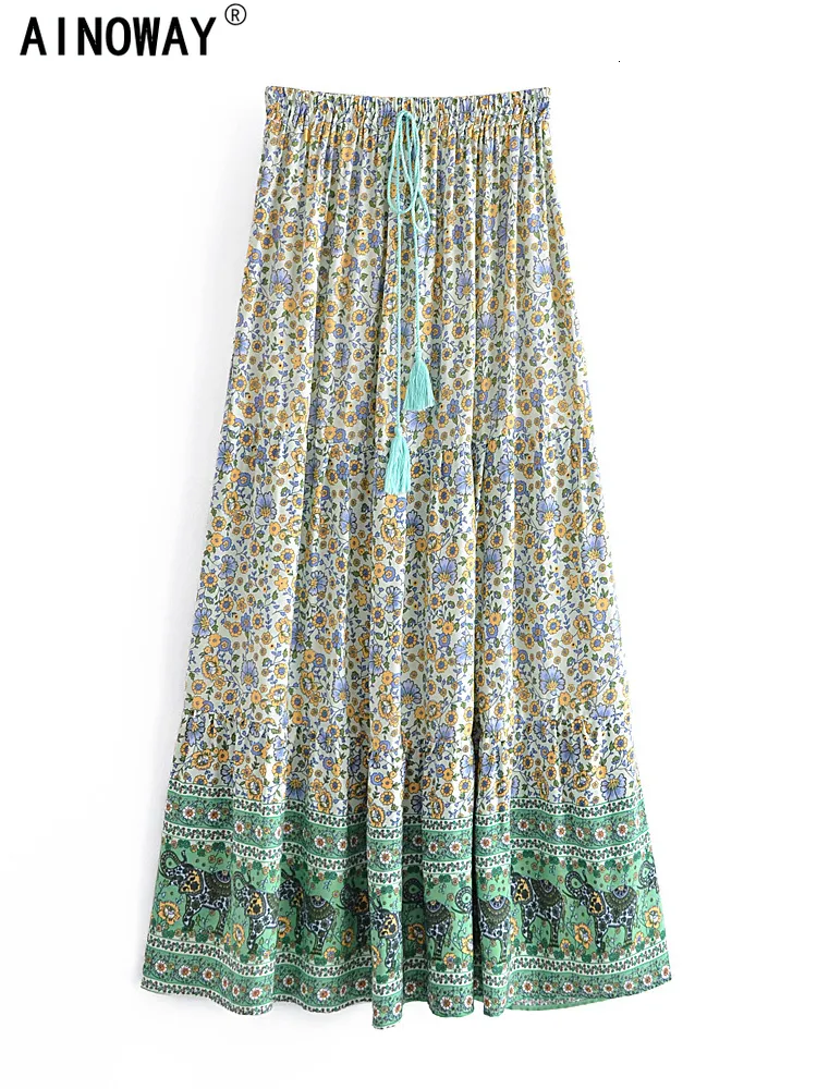 Kjolar vintage chic mode hippie kvinnor strand bohemian gröna blommigt tryck pindrade kjol elastiska midja aline boho maxi femme 230607