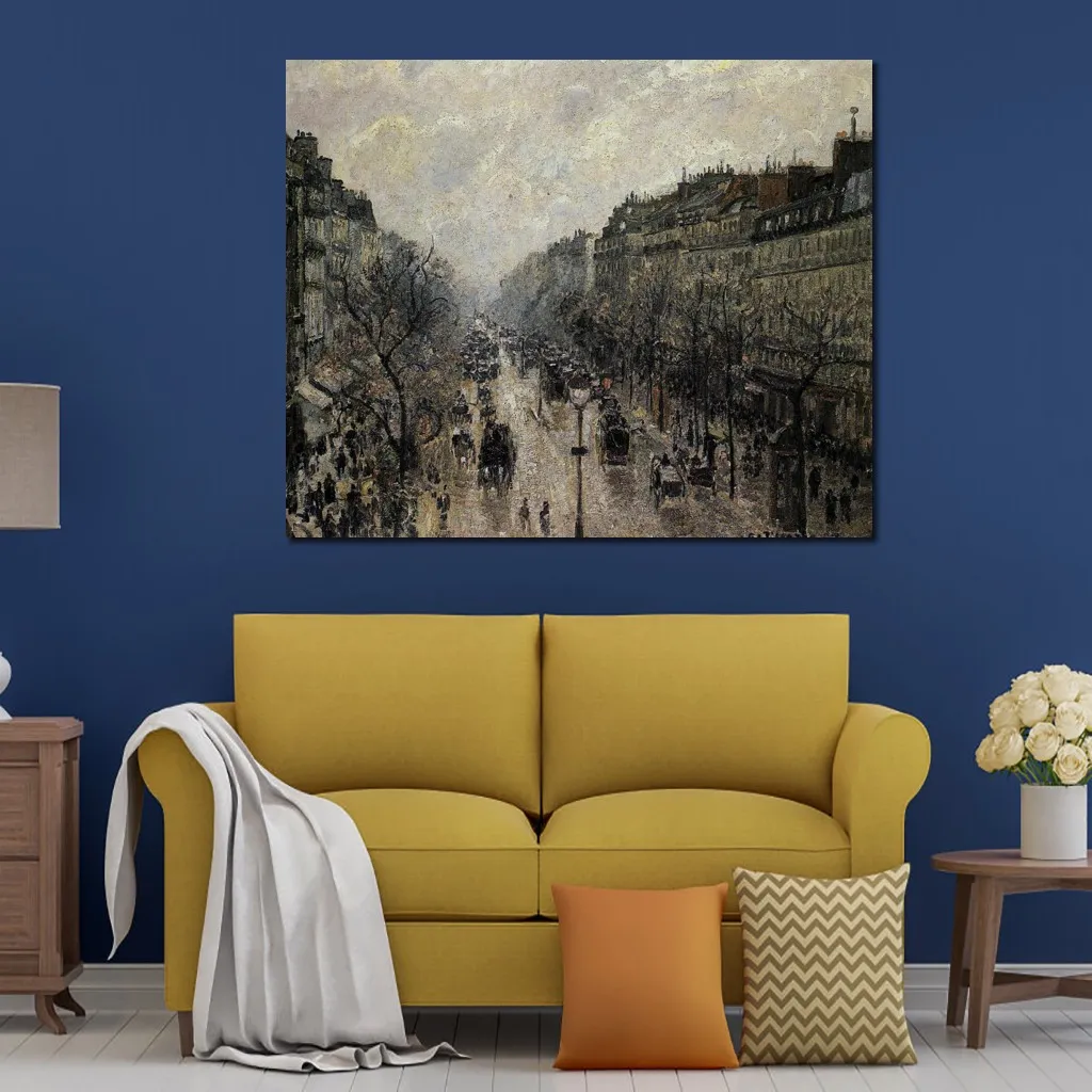 Canvas Art Camille Pissarro malarstwo Boulevard Montmartre Foggy Ręcznie robione dzieła sztuki żywy wystrój do piwnicy z winami