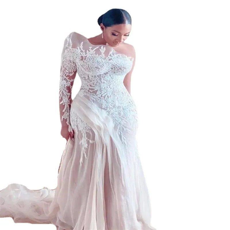 صورة حقيقية بالإضافة إلى الحجم فستان الزفاف حورية البحر أحادية الكتف لكتف