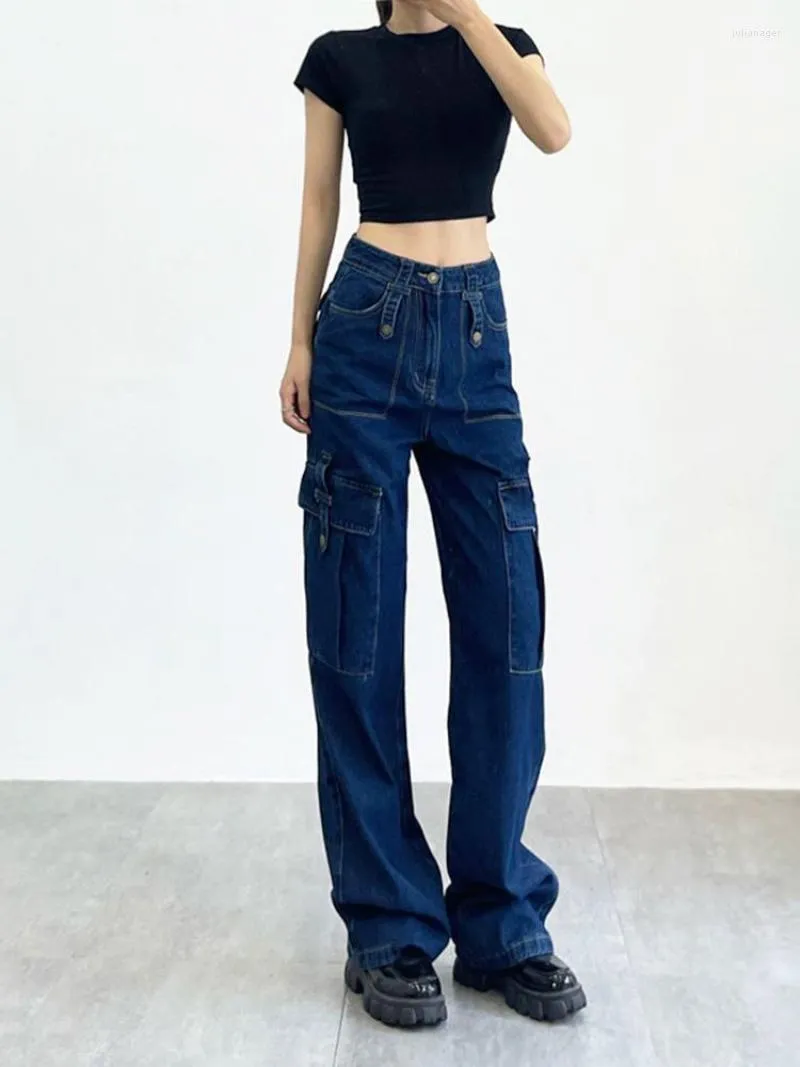 Women's Jeans Dark Blue Washed Pocket Cargo Pants American Retro Fashion Y2k Wide Leg Women Autumn Girl High Waist