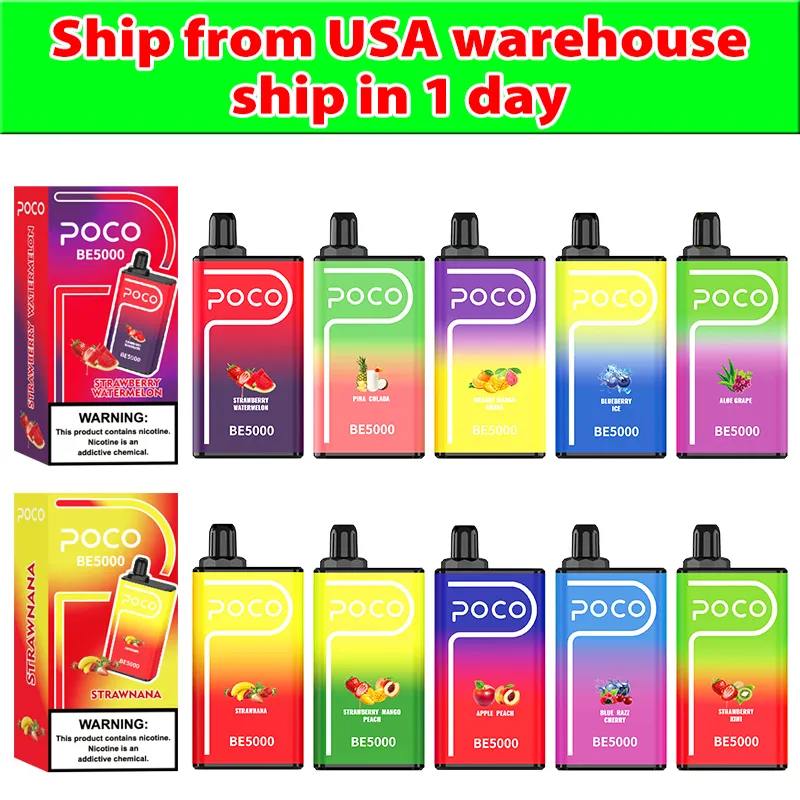 Skicka från USA Warehouse Original E Cigarette Poco Be5000 Vape Disposable Förled 14 ml POD 5000 PULDS 650mAh Mesh Coil RECHARGEABLE DispoSbale ångor