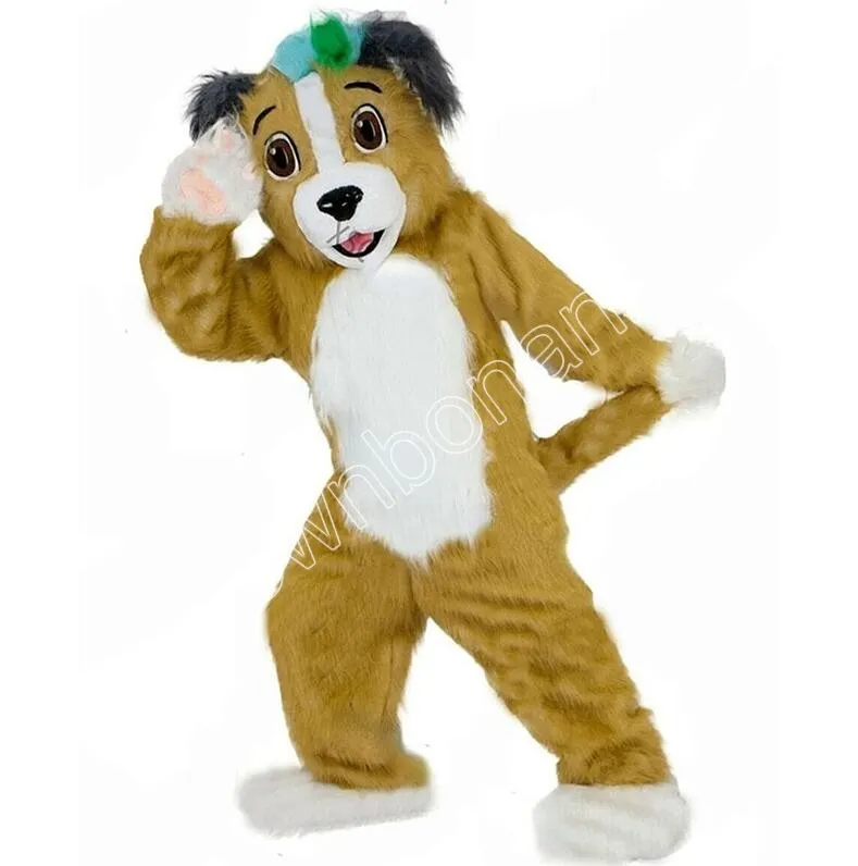ロングファーハスキーかわいい犬マスコットコスチュームレザージャケットハロウィーンスーツロールプレイクリスマスイースター広告服