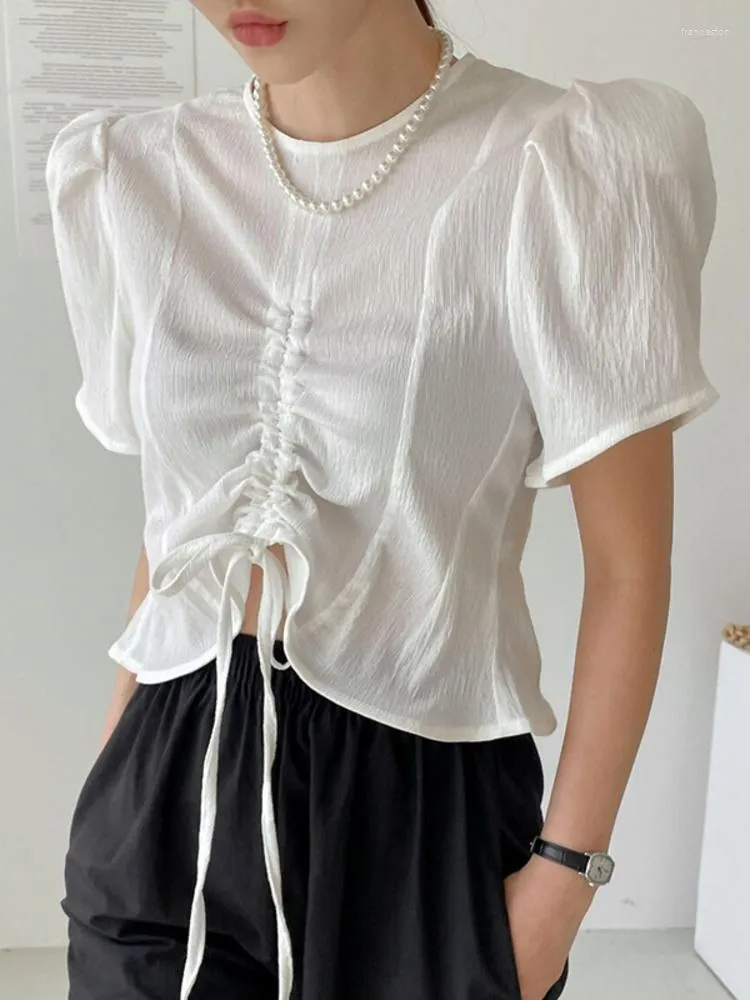 Women's Blouses Women Fashion Drawstring Tie Bow Fold Shirt O-neck White Loose Casual Bubble Sleeve Blusas 2023 Summer Tide Top Y597