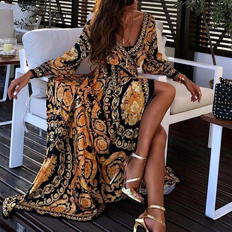 Kadın boho v yaka baskılı sundress uzun maksi elbise yaz uzun kollu vintage elbiseler örtbaslar ev bornozu hediyeler ver