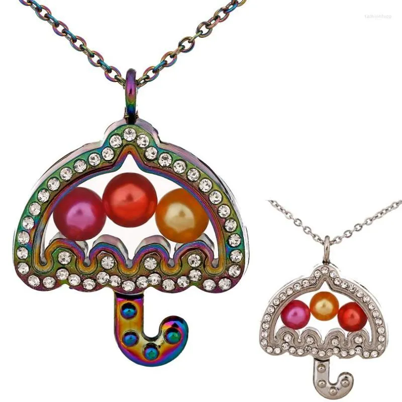 Pendant Necklaces Umbrella Rhinestone Necklace Glass Living Memory Po Locket Pearl Cage 50cm Steel Chain