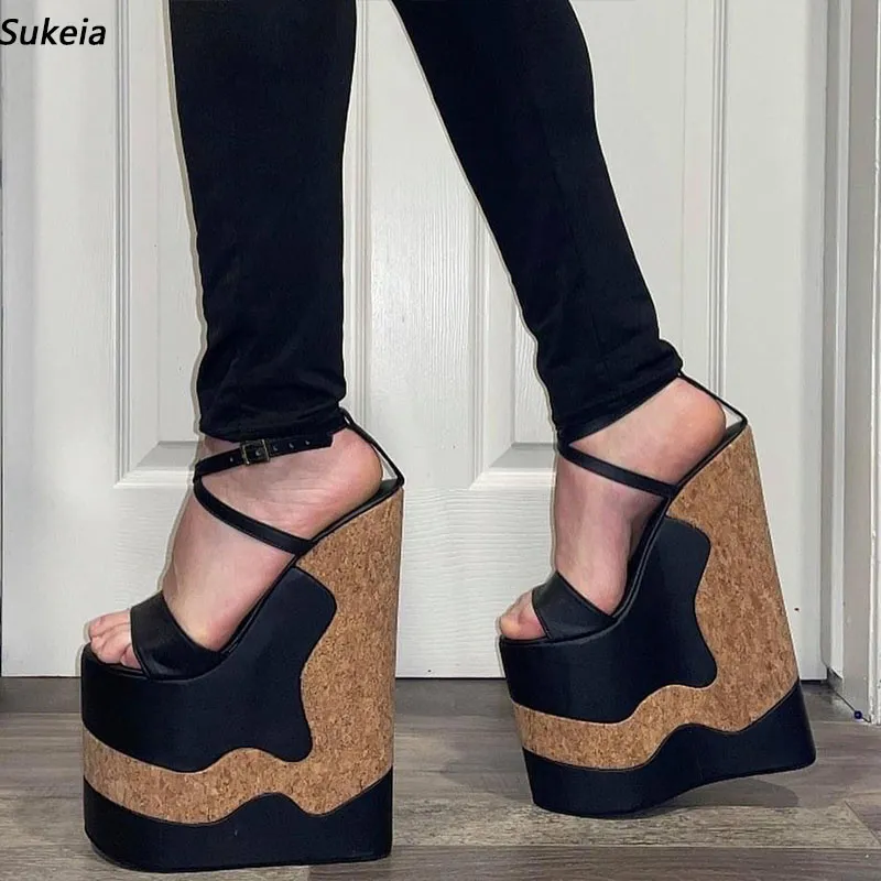 Sukeia Handmade Women Platform Sandals Ankle Strap Ultra High Wedges Heels Open Toe Elegant Black Party Shoes US Size 5-15