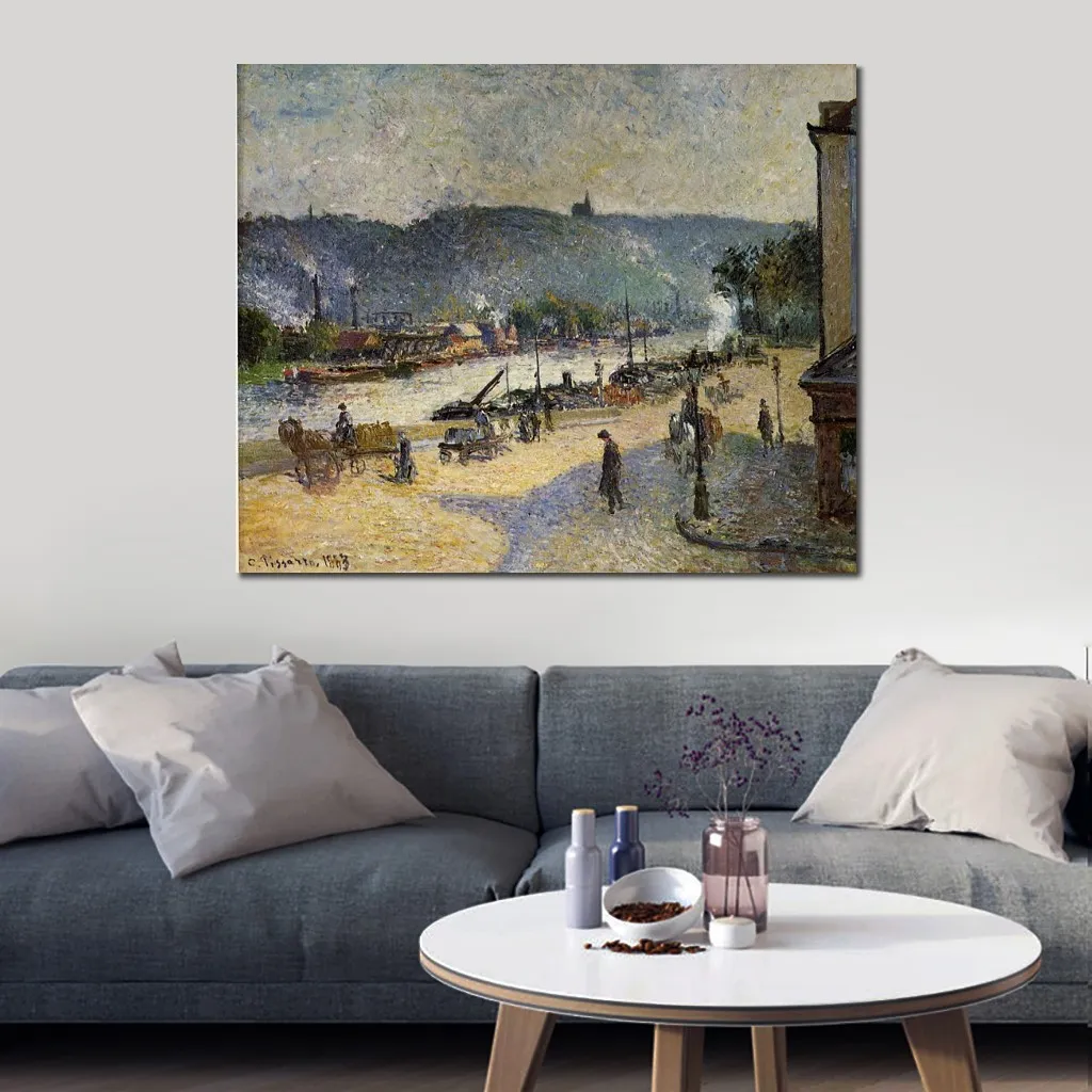 Impressionistische canvaskunst De kades in Rouen handgemaakte Camille Pissarro schilderij landschapskunstwerk moderne woonkamer decor